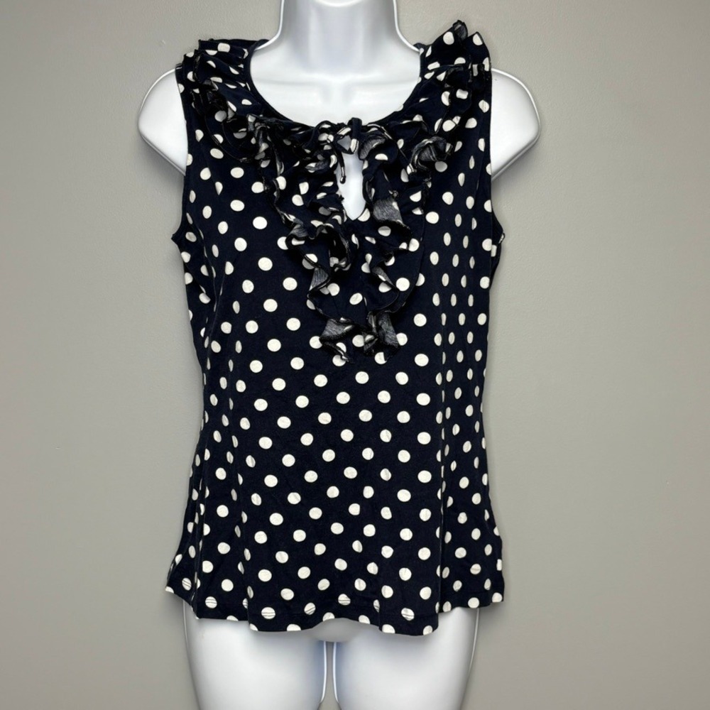 Ralph Lauren Blue White Polka Dot Ruffle Retro Nautical Sleeveless Top Sz M